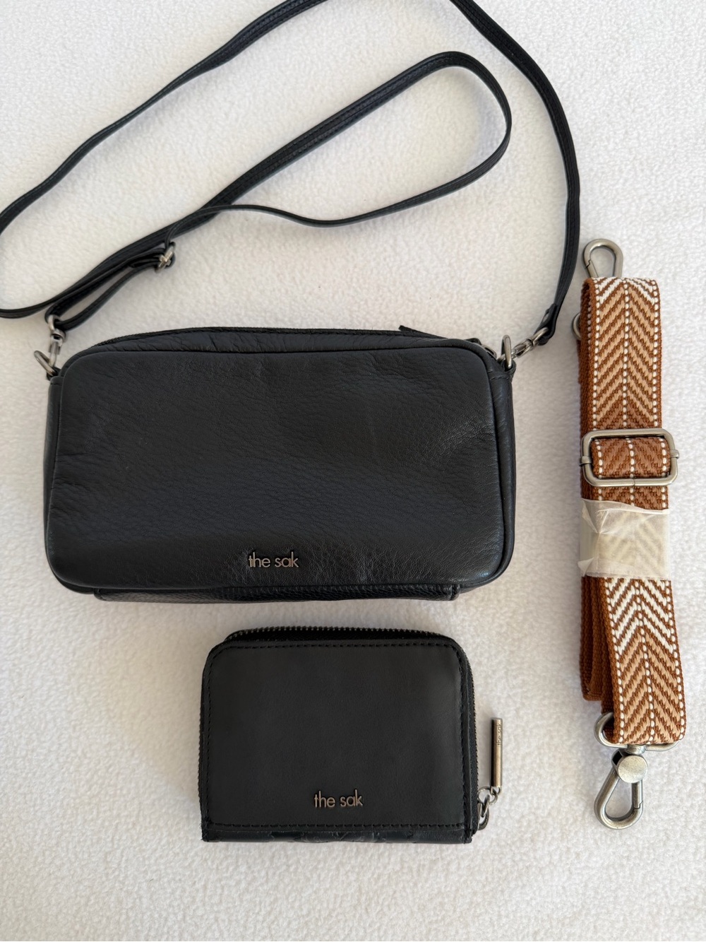 The Sak Black Leather Crossbody Bag with Brown Patterned Strap & Matching Wallet